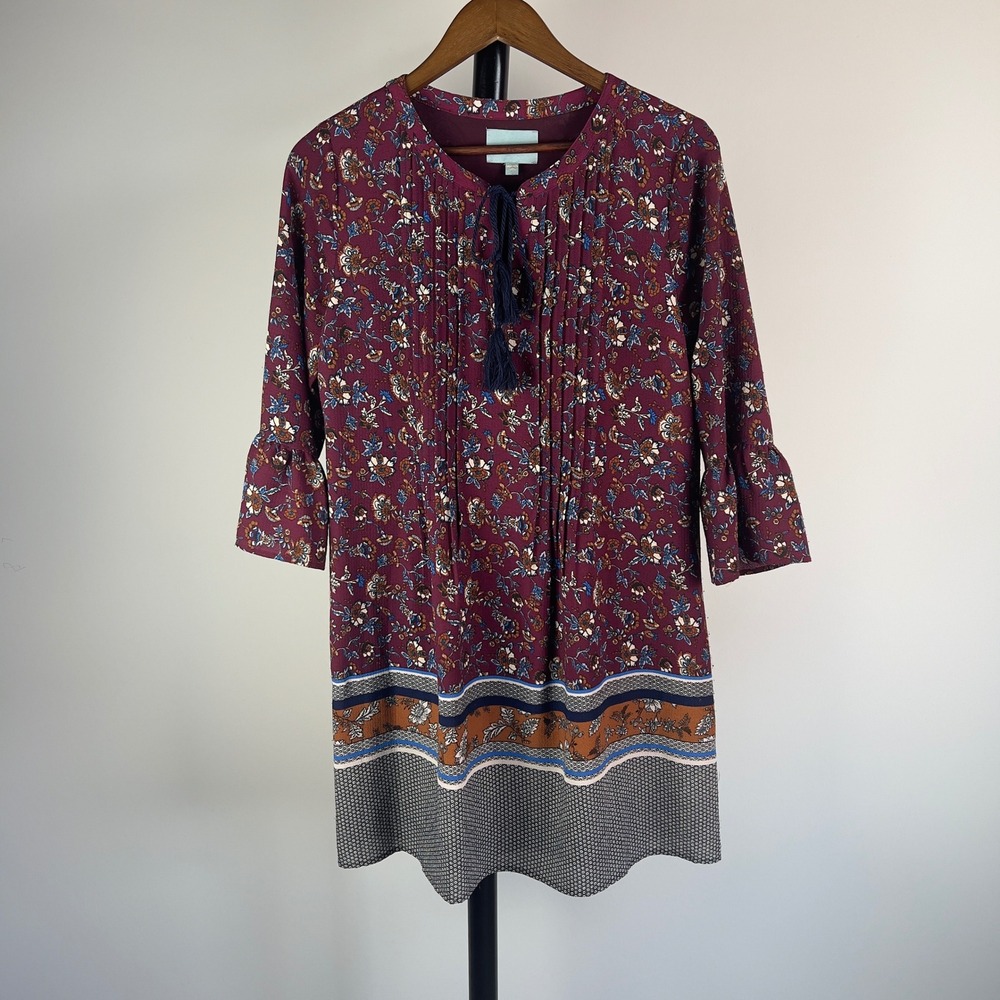 Skies Are Blue Burgundy Floral Boho Mini Dress Ruffle Sleeve Tassel Neck Small‎